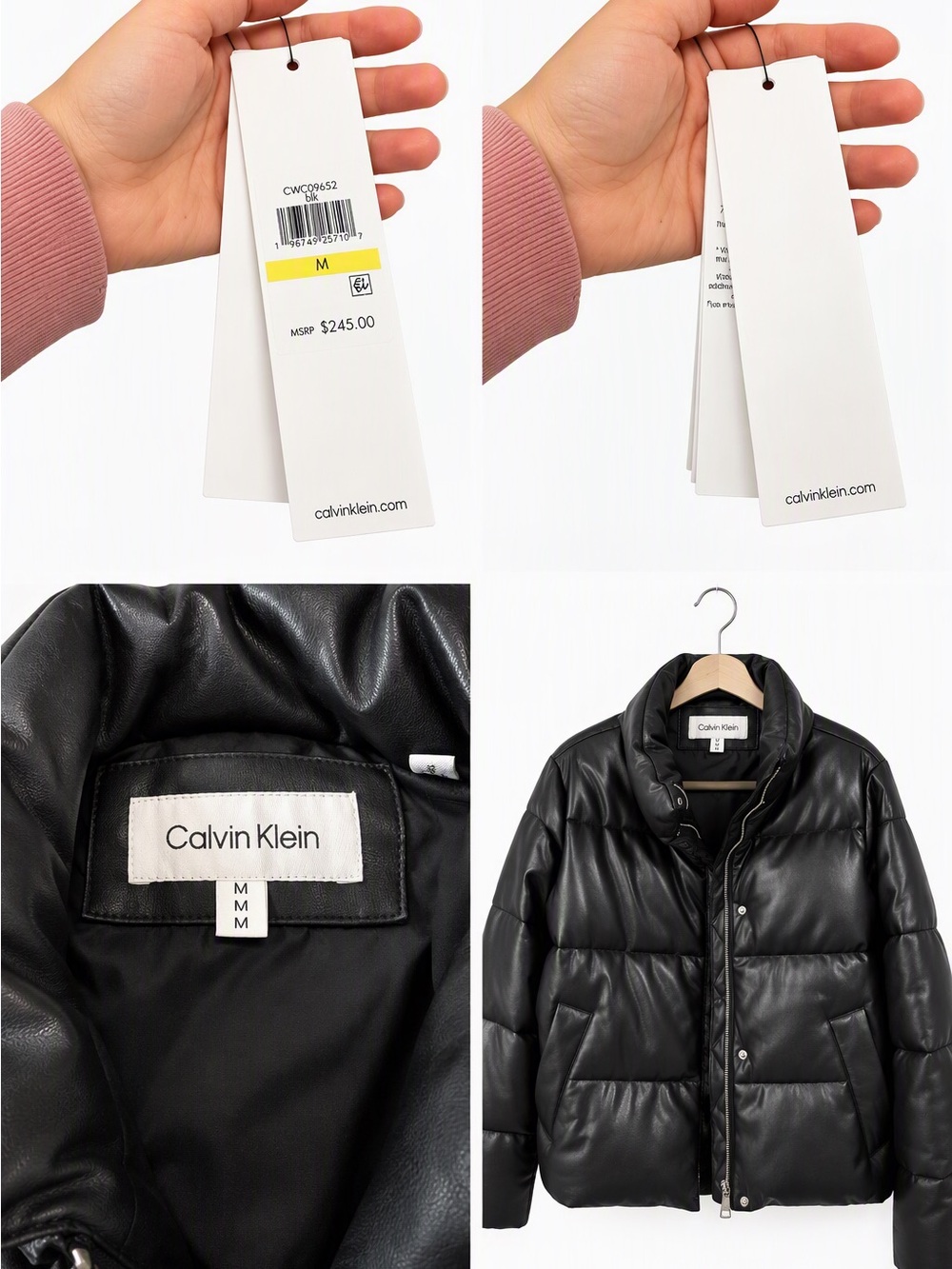 Calvin Klein Black Quilted Faux-Leather Puffer Coat